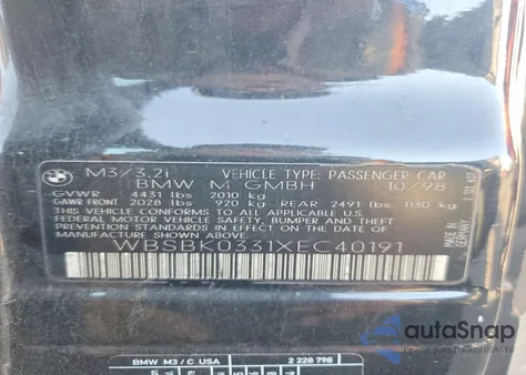 1999 BMW M3 Automatic z USA, uszkodzony, nr VIN WBSBK0331XEC40191